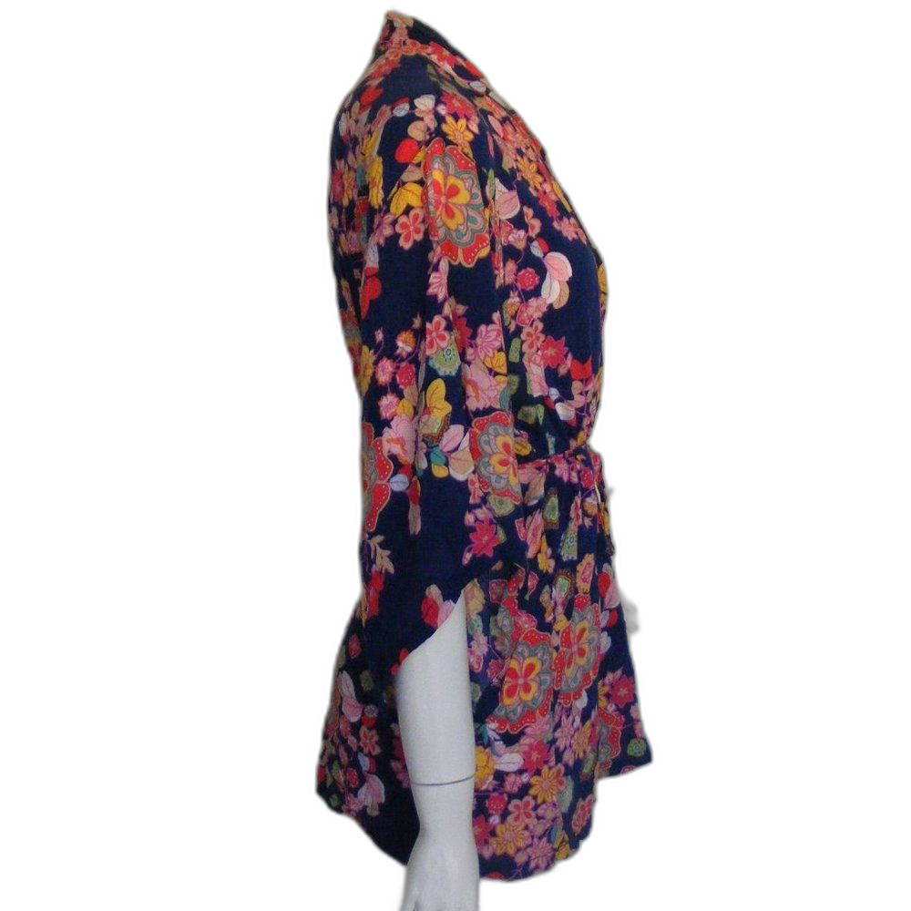 JOSIE Natori Kimono Robe, M, Blue, Multicolor floral, Short, Sash belt, Rayon - Picture 6 of 13